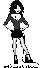 A brunette pixel doll standing over the word webmistress