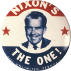 A pro-Nixon campaign button that says 'Nixon's the one!'