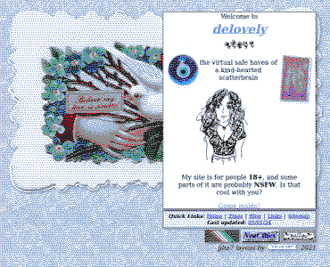 DeLovely's first redesigned home page of 2024, featuring a blue marble background, a doodle, a blue evil eye amulet, and a vintage postcard of a dove with blue flowers