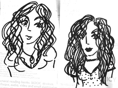 Two doodles of girls with wavy hair on receipt paper. I think the second one resembles me.