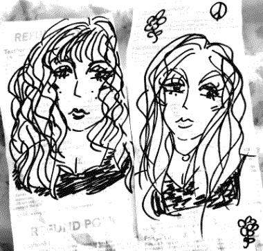 Two doodles of wavy-haired girls on receipt paper with a peace sign and flowers