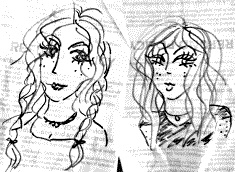 A doodle of a girl with braided hair and a doodle of a freckled girl with bangs