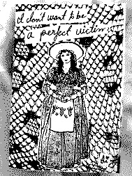 A photo of my latest mini zine, titled 'I don't want to be a perfect victim.' It depicts an illustration of an innocent-looking ingéue in a petticoated dress against the pattern of fishnet stockings.