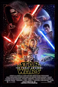 The movie poster for Star Wars, The Force Awakens, featuring a large cast of characters.