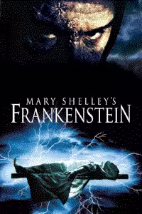 The movie poster for Mary Shelley's Frankenstein, featuring Robert De Niro with gruesome scars all over his face.