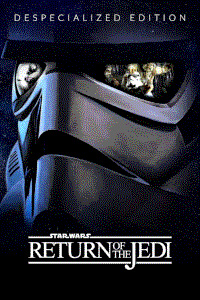 The movie poster for Harmy's Despecialized Edition of Return of the Jedi, showing a stormtrooper's helmet with the reflection of an ewok in the lenses.