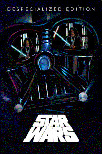 The movie poster for Harmy's Despecialized Edition of Star Wars, showing the reflection of Obi Wan Kenobi in the lenses of Darth Vader's helmet.
