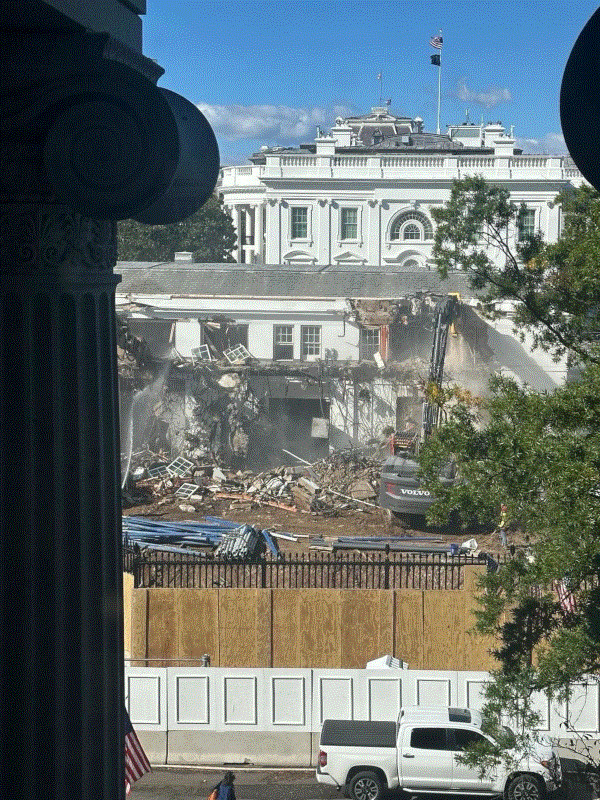 A photograph of the White House on October 20, 2025, partially demolished to make way for a new ballroom costing approximately $250 million.