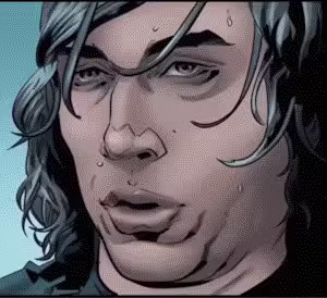 A comic book panel of a close up of Kylo Ren's face looking incredibly awkward.