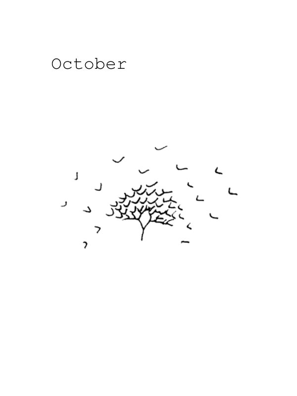 The cover of October, featuring a  simple doodle of a tree with leaves flying in all directions