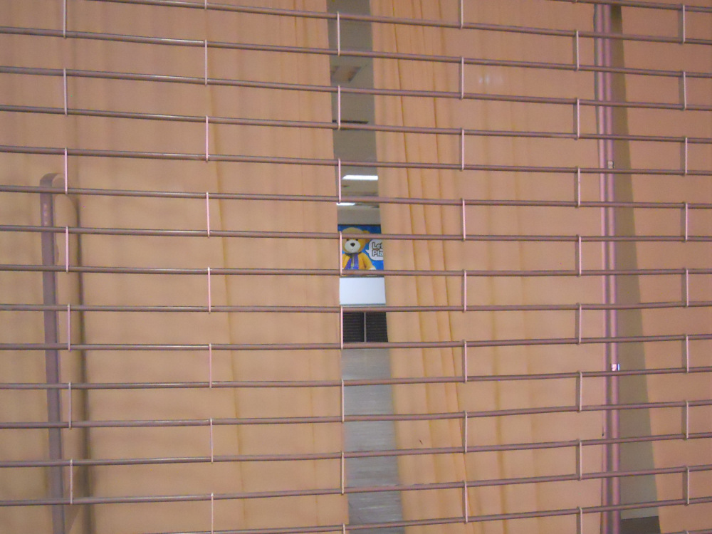 A close-up of a mall storefront that is closed up with a gate. The inside of the store is obscured by a tarp. Where the tarp parts, you can peer inside. You see a completely empty store, except for a poster on the wall of a teddy bear saying 'Let's play!'