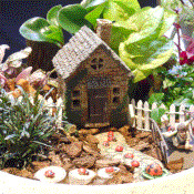Tiny ladybugs walk on a cobblestone path to reach the door of a miniature house