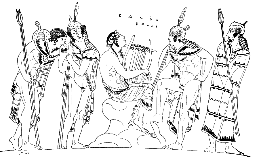 An illustration of the legendary poet Orpheus strumming his lyre and singing before an audience.