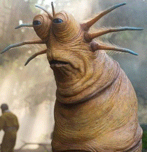 A miserable, large alien slug with a sagging frown full of disdain.