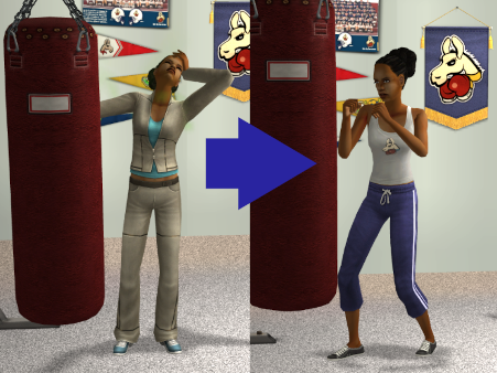 A bulky blue tracksuit replaced with a sporty tank top and capri yoga pants.