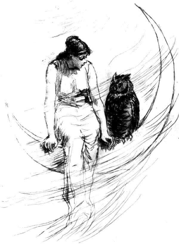 An illustration of a woman sitting on a crescent moon, speaking to an owl who is perched at her side.