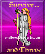 An angel stands in front of a shining magenta sunset, holding a golden sword. Gilded text says 'Survive and Thrive'