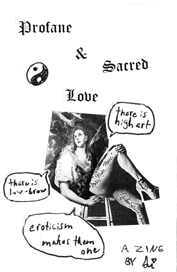 The front cover of a zine titled Profane and Sacred Love, featuring a collage of a painting of penitent Mary Magdalene by El Greco mixed with a photo of sexy legs wearing platform heels.